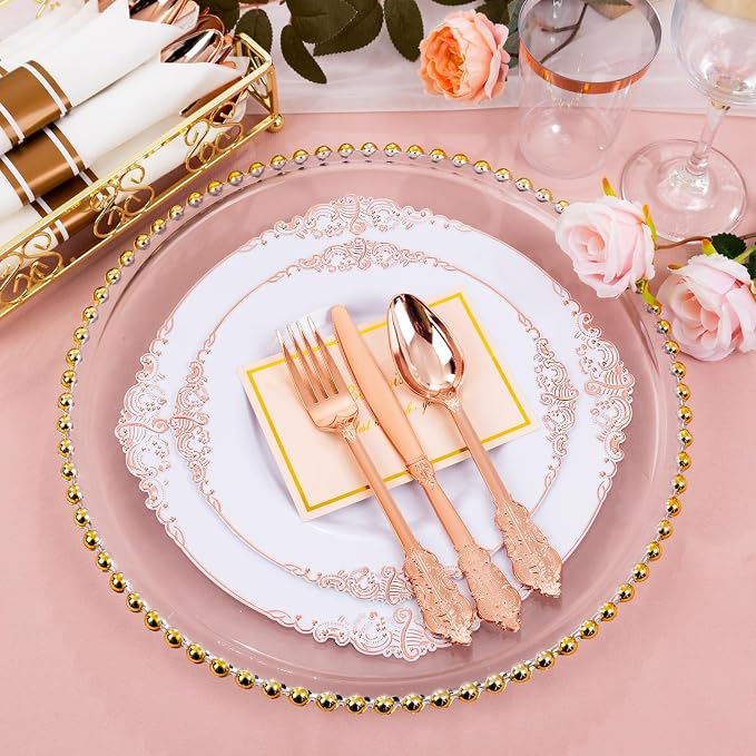 350 Pcs Rose Gold Plates for Party | Elegant Dinnerware for 50 Guests, Includes - Image 5