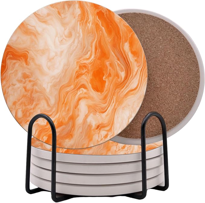 Orange and White Marble Round Coasters Set of 6 by Unknown