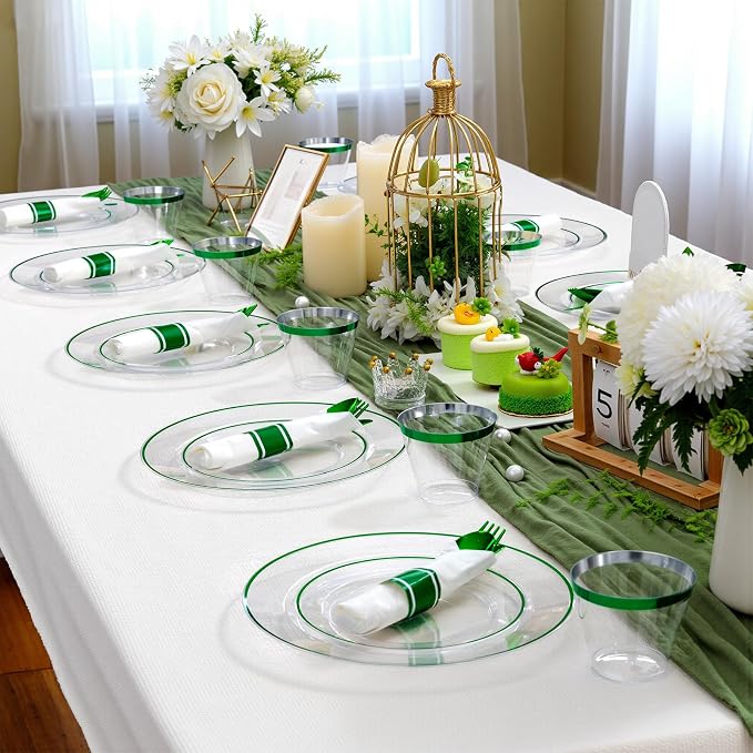 SUT 350 Pcs Green and Clear Plastic Dinnerware Set - Image 6