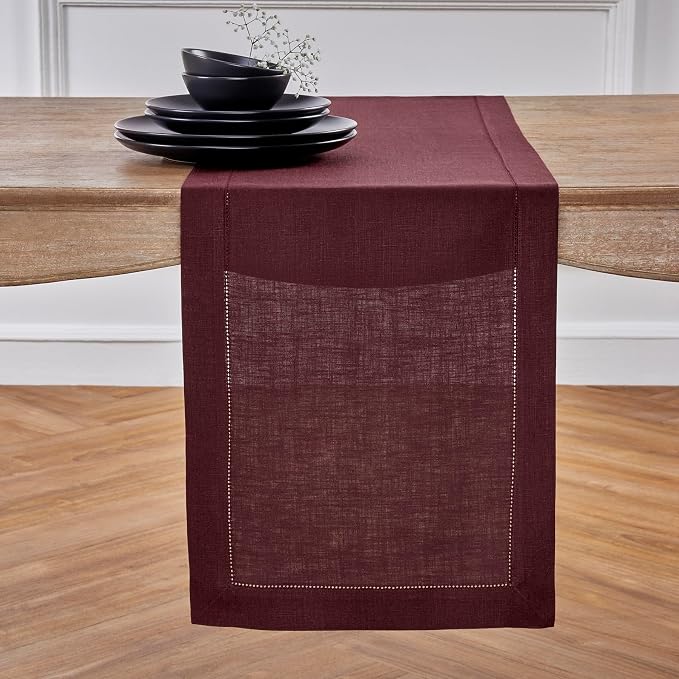 Solino Home 100% Pure Linen Table Runner Burgundy Hemstitch, 14 x 144 in | by SolinoHome