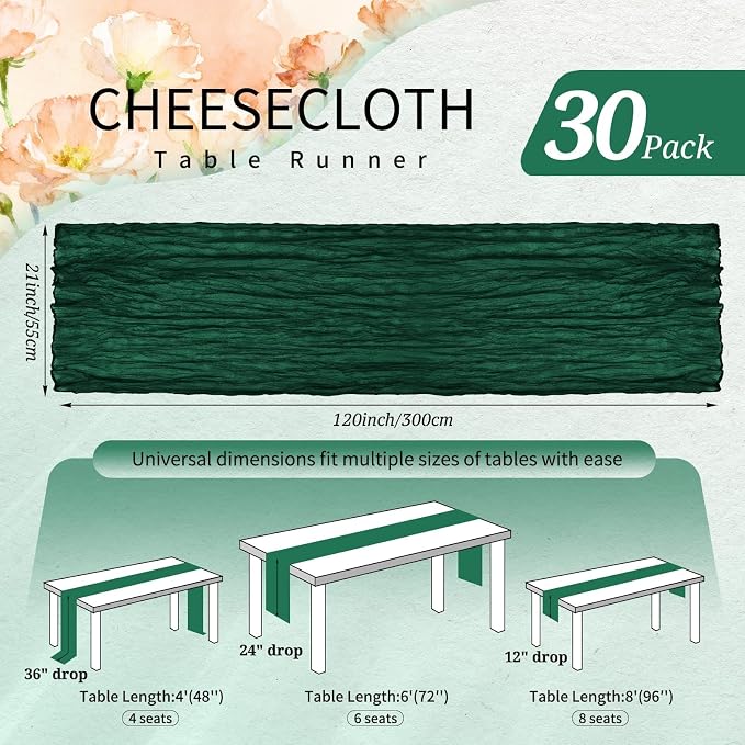 30 Pack Cheesecloth Table Runner 10FT Emerald Green Table Runner Boho Gauze - Image 2