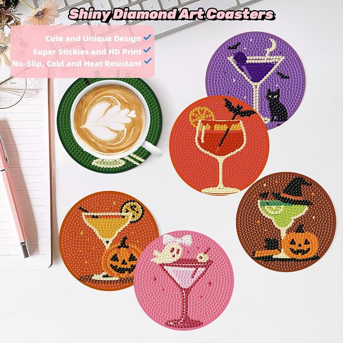 Ekuxom 6 Pcs Halloween Cocktail Diamond Art Coasters Kits - Image 4