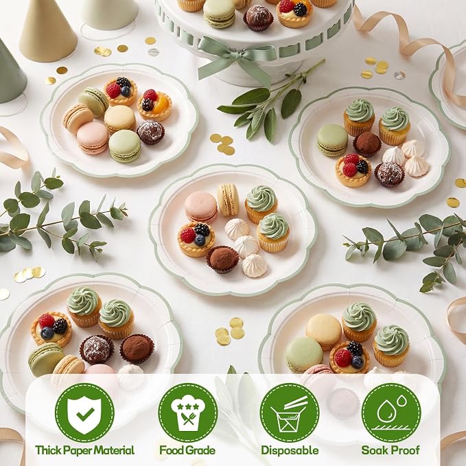 30 Pcs Sage Green and White Paper Plates, 7 In White Plates - Image 4