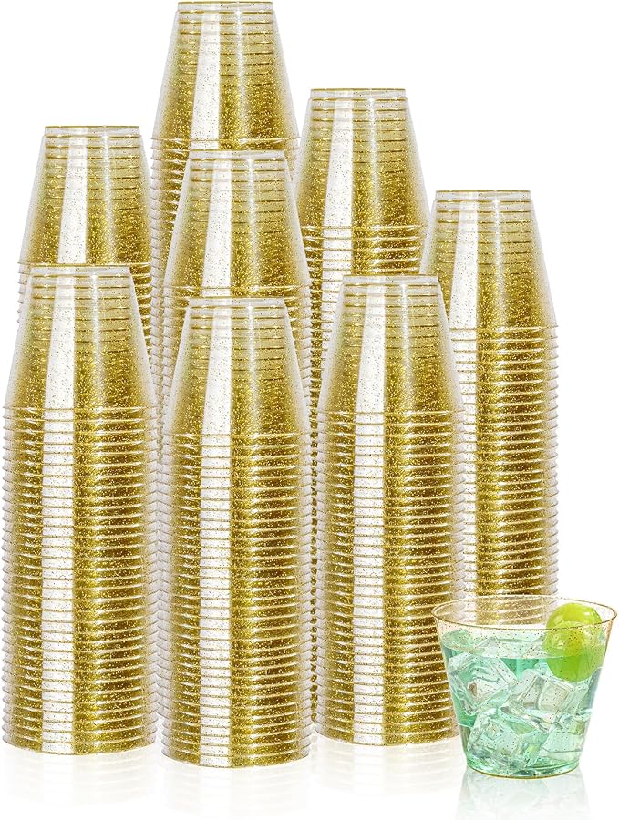 I00000 5oz 200 Pack Shot Glasses, Small Gold Glitter Disposable Plastic Cups by I00000