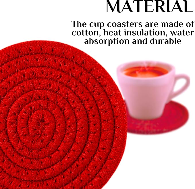 4PCS Red Cotton Round Woven Coasters Drink Handmade Braided Cup Coasters - Image 2