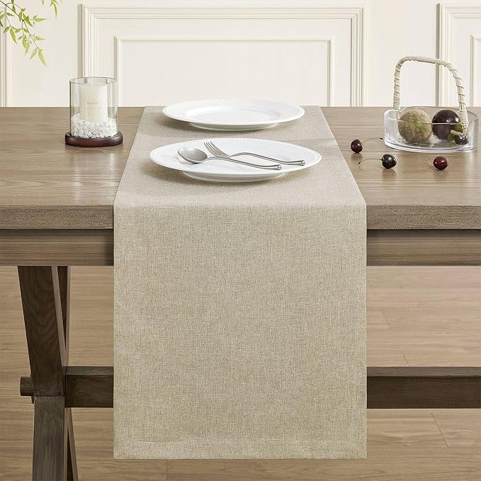 Basic Linen Style Table Runner, 14x36 Inch Natural | Mitered Corner Design - Image 2