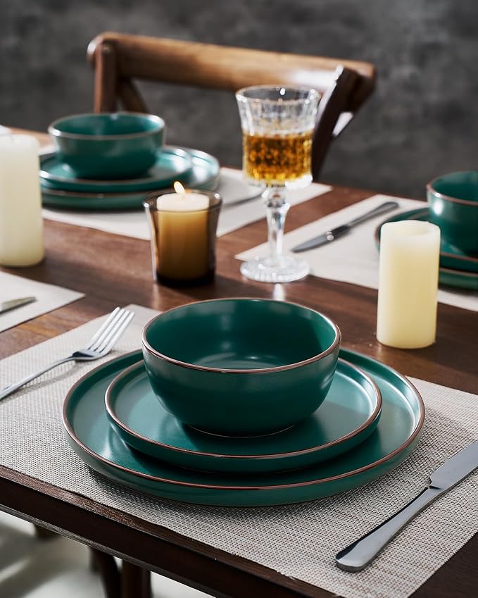 Famiware Mercury 24-Piece Stoneware Plates and Bowls, Dark Green | Dinnerware - Image 5