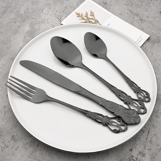 8-Piece Luxury Royal Silverware Set, 18/10 Stainless Steel Black Flatware Set - Image 3