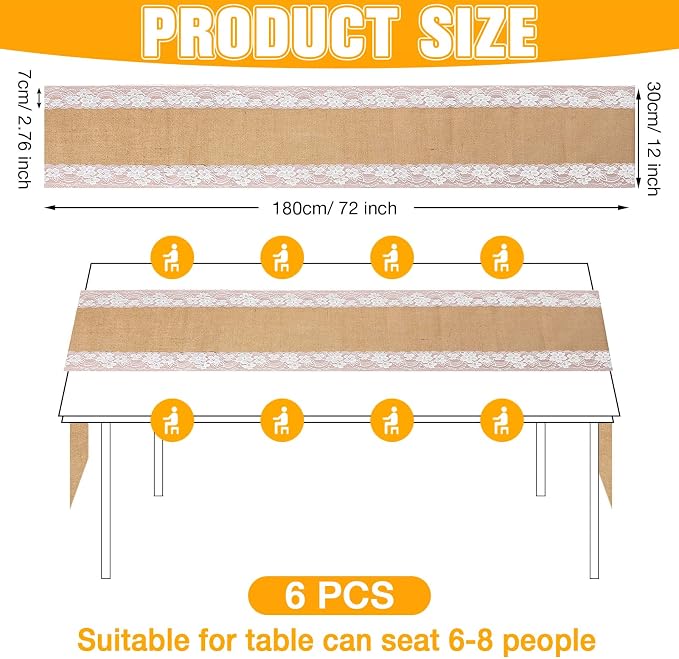 Tatuo 6 Pcs Lace Burlap Table Runner 12'' x 72'' Rustic Jute Hessian Farmhouse - Image 2