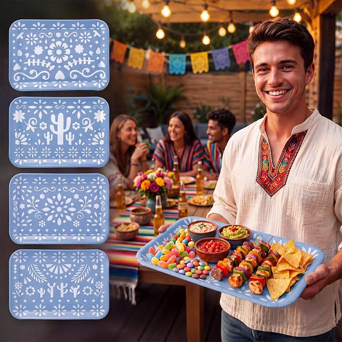 4 Pieces Mexican Serving Trays Blue Fiesta Melamine Platters Reusable Rectangle - Image 5