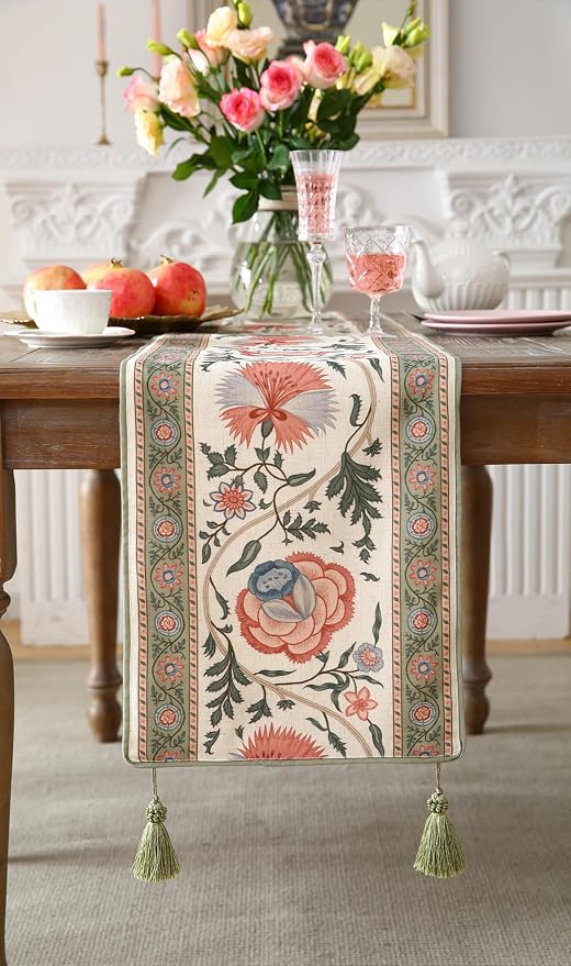 Designer Vintage Linen Table Runner, Floral Pattern, Dining Table, Thanksgiving - Image 4