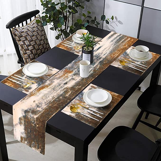 Black Grey Abstract Table Runner and Placemats Set, Linen 108" Long | Retro by TQFZP