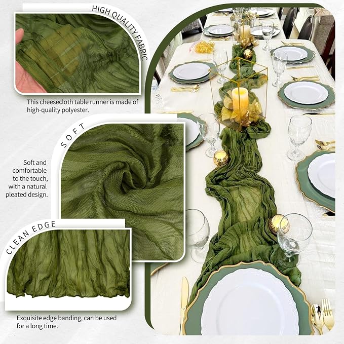 Showgeous 2 Pack Olive Green Cheesecloth Table Runners Boho Wedding Decor | - Image 3