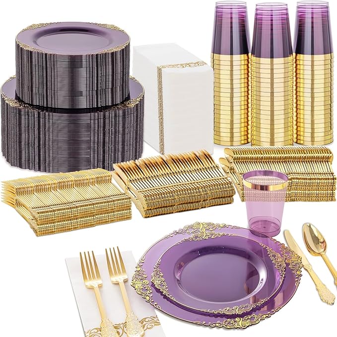 Nervure 350Pcs Purple Plastic Plates, Plastic Dinnerware Set by Nervure