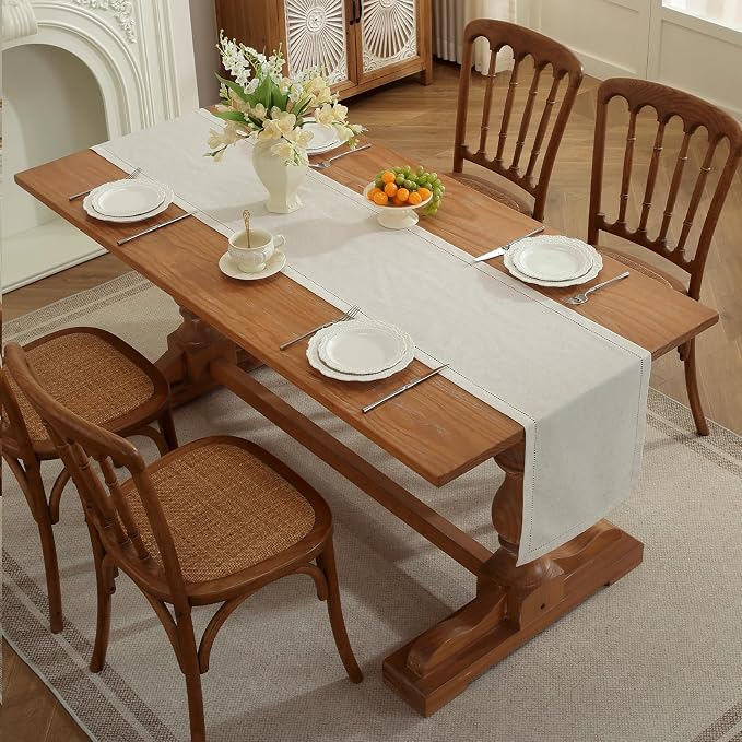 Light Natural Handmade Hemstitched Linen Blend Table Runner - Image 7