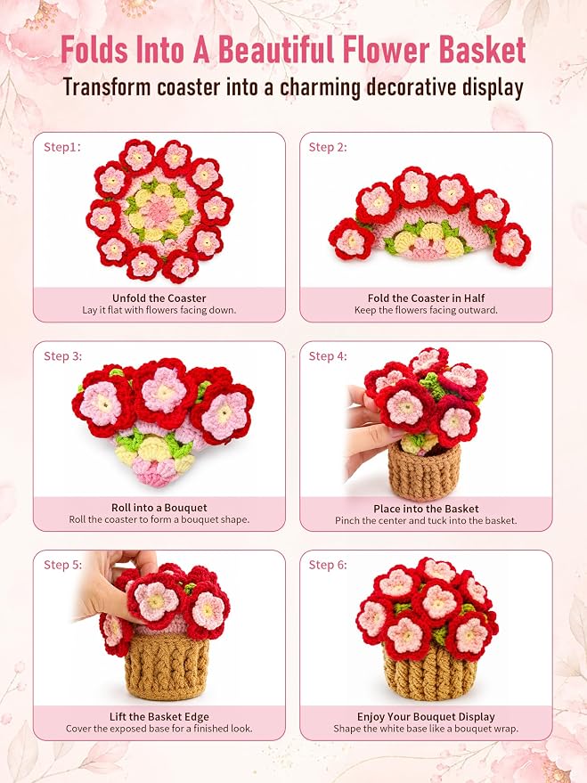 Crochet Flower Bouquet Coasters, Peach Blossom Gift - Image 3