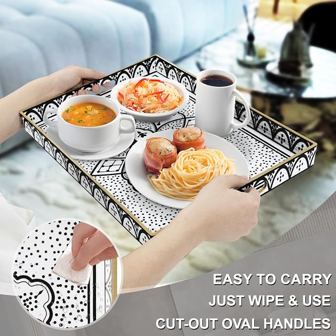 Plastic Serving Tray with Handles, Rectangle Black Decorative Tray | Coffee - Image 3