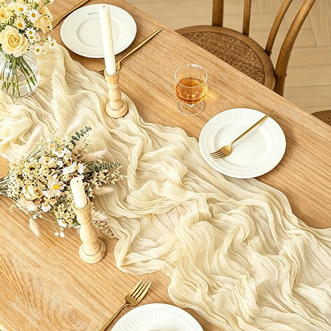 Beige Cheesecloth Table Runner, 10FT Rustic Beige Boho Gauze Table Runner - Image 2