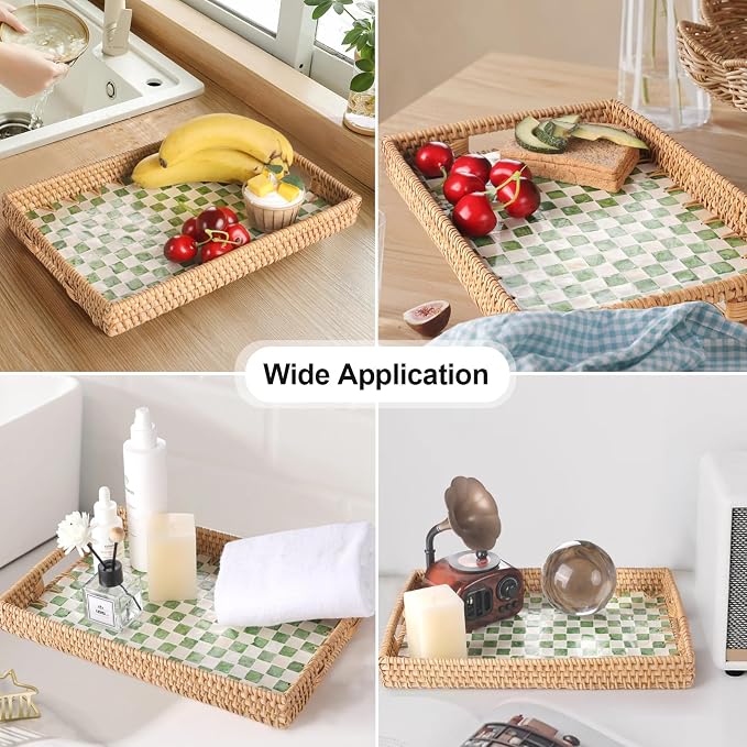Rectangle Rattan Tray with Mother of Pearl Inlay, Rattan Serving Tray with - Image 2