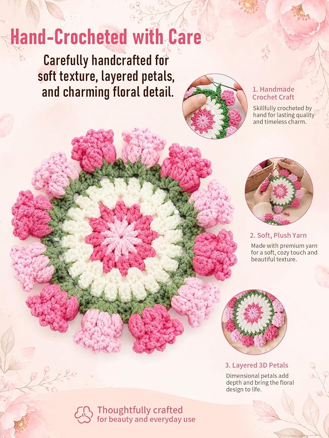 Crochet Flower Bouquet Coasters, Cotton Tulip Gift - Image 4
