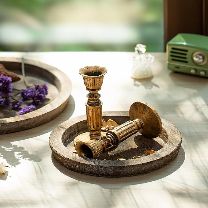 Hanobe Round Wood Candle Holder Trays, Small Coffee Table Centerpiece, 7.8" | - Image 8