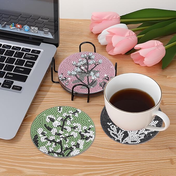 8 Pcs Boho Diamond Art Painting Coasters Holder Floral | Abstract Diamond Art - Image 7