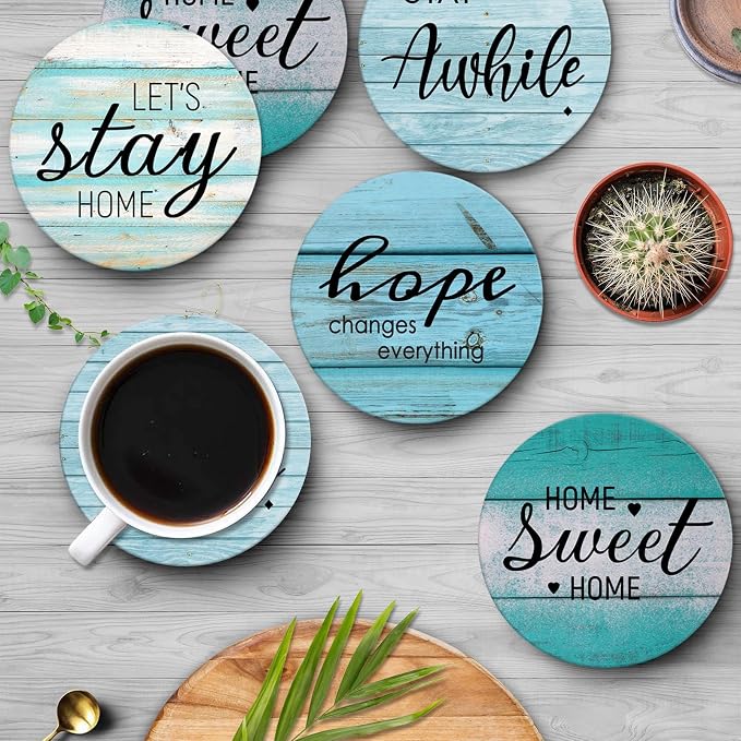 Coasters for Drinks, Ceramic Stone, Teal Blue | Beach Wood Antique Absorbent - Image 4
