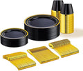 WELLIFE Black and Gold Plates, Plastic Dinnerware Set by WELLIFE