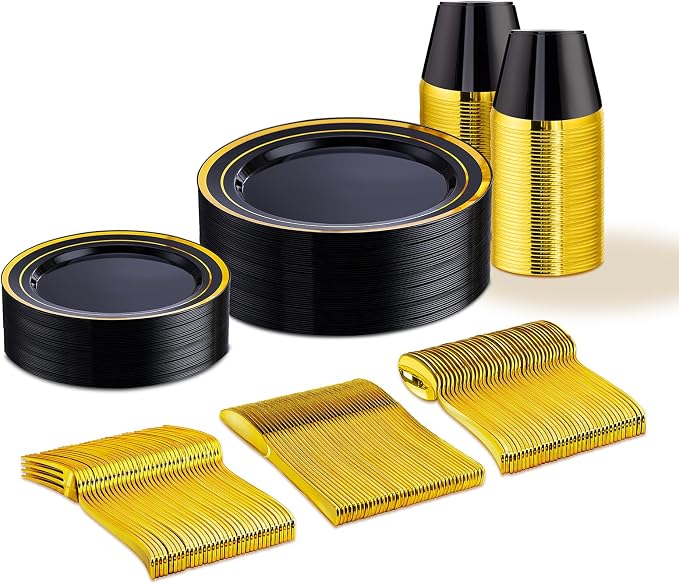 WELLIFE Black and Gold Plates, Plastic Dinnerware Set by WELLIFE
