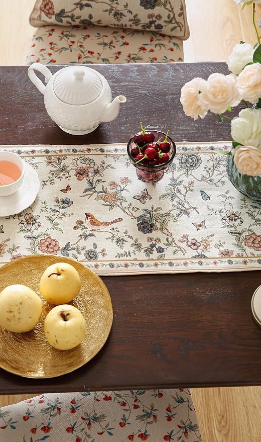 Designer French Linen Long Table Runner, Floral Bird Pattern, Dining Table - Image 9