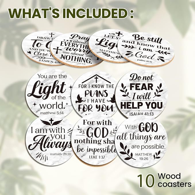 10pcs Coasters for Drinks with Bible Verses Absorbent Coasters Set Round - Image 3