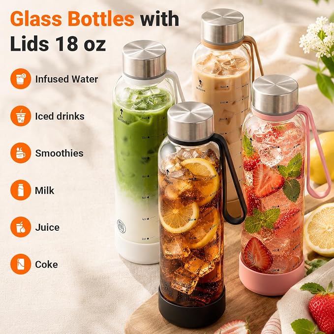 Sursip 18 oz Glass Water Bottles, 4 Pack | BPA-Free Reusable, Measurement - Image 6