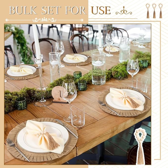 Gejoy 72 Pcs Round Burlap Placemats Wood Bead Napkin Rings - Image 4
