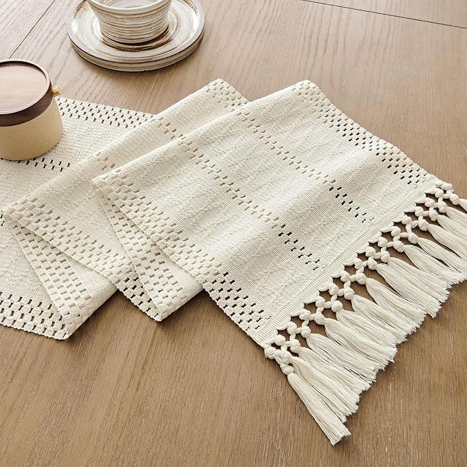Macrame Style Boho Table Runner, 12x48 Inch Ivory | Woven Boho Table Runner - Image 7