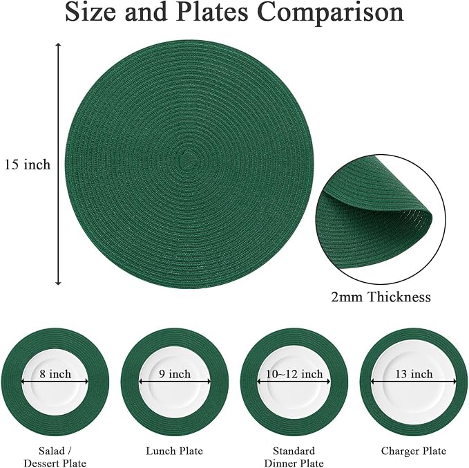SHACOS Dark Green Round Placemats Set of 6 Cotton Polyester Braided 15 inch - Image 4