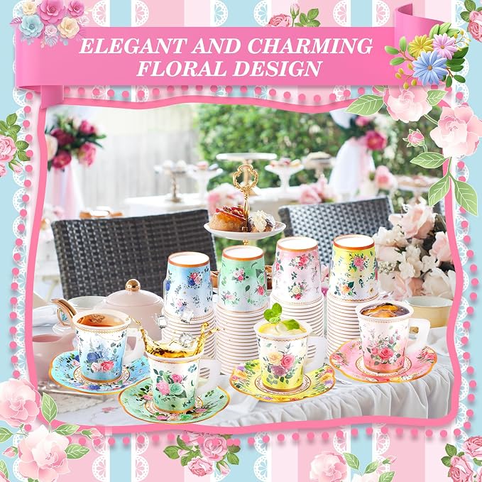 SUMMORO 160 Pcs Floral Paper Tea Cups and Saucers 7 OZ Disposable Paper Tea Cups - Image 5