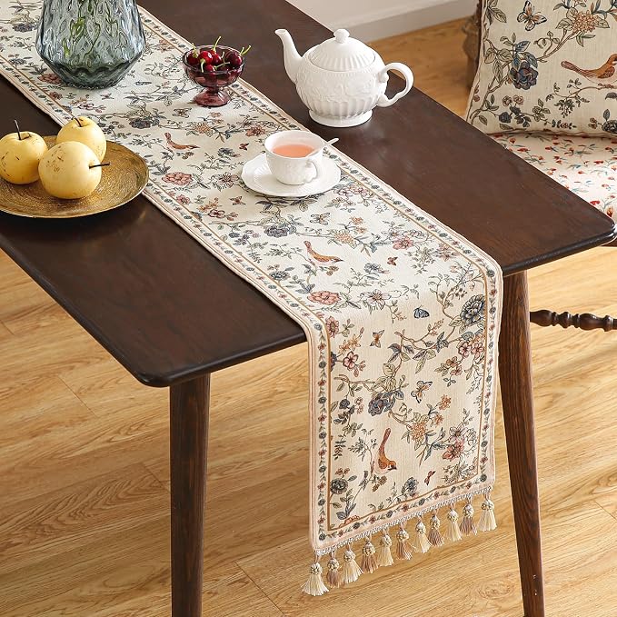 Designer French Linen Table Runner, Floral Bird Pattern, Dining Table, - Image 2