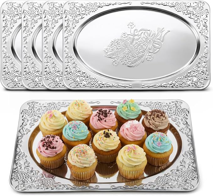 4 Pcs Silver Serving Trays Set 13.8" x 8.5" Small Stainless Steel Serving Tray by Unknown