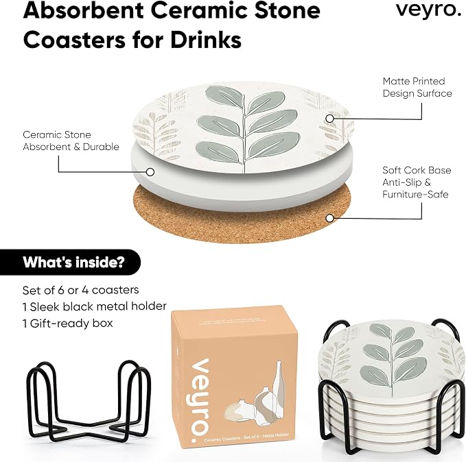 VEYRO Ceramic Coasters Set of 6 – Absorbent Stone Drink Coasters - Image 6