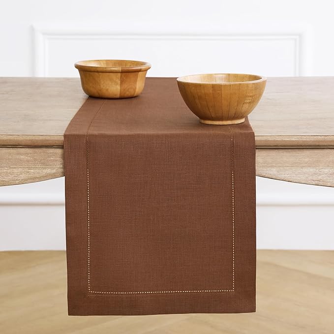 Solino Home 100% Linen Table Runner Brown, Classic Hemstitch 14 x 108 in | by SolinoHome