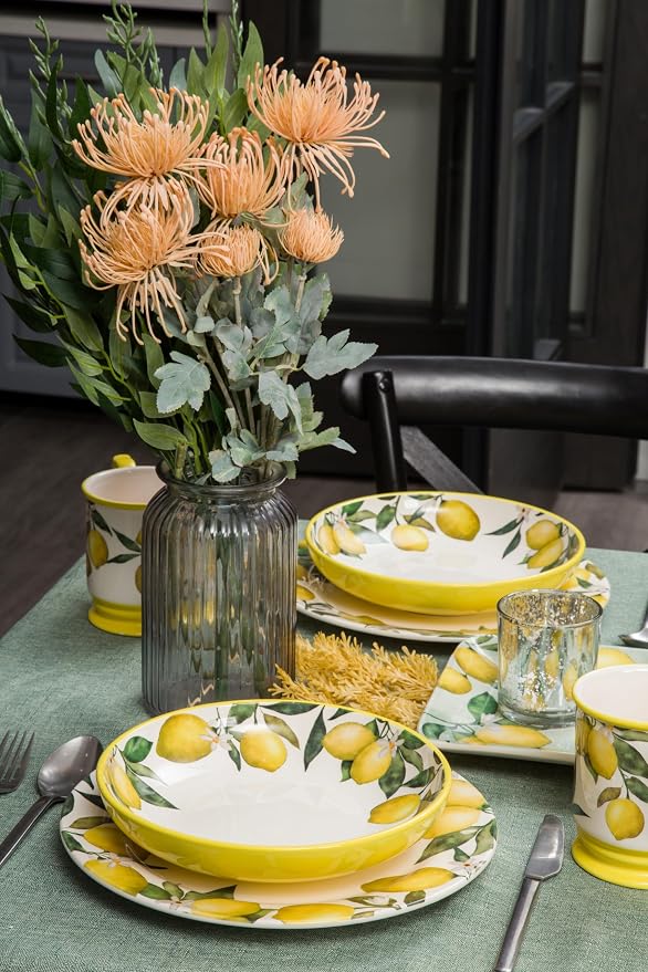 Bico Lemon Dreams Pasta Bowls, 35oz Salad Bowl Set of 4, Large Ceramic Serving - Image 4