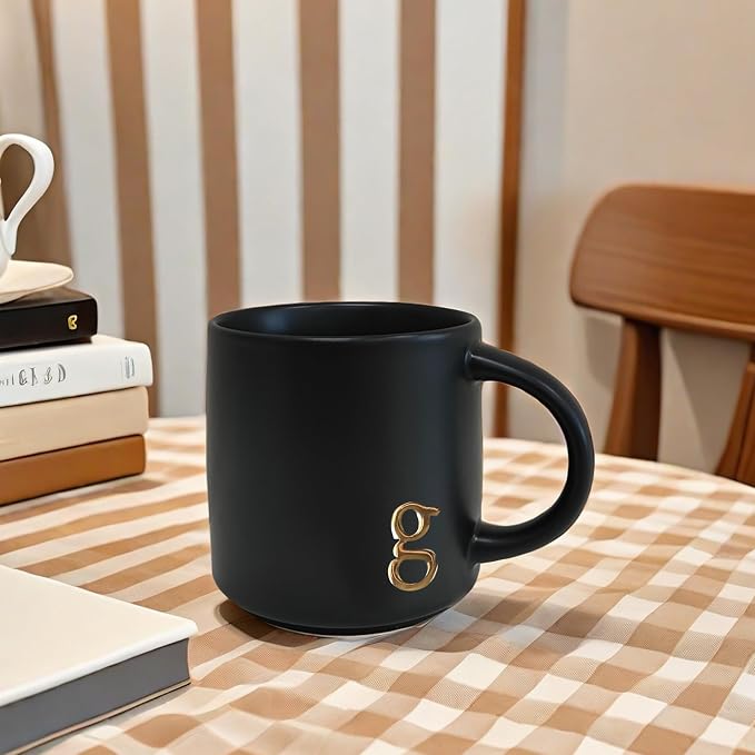 COLLECTIVE HOME Black Ceramic Coffee Mug, 15 oz Golden Monogram Tea Cup | - Image 6