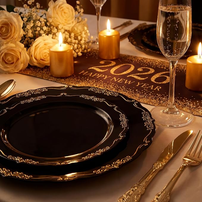 U-QE 100PCS Black and Gold Plastic Plates - Image 2