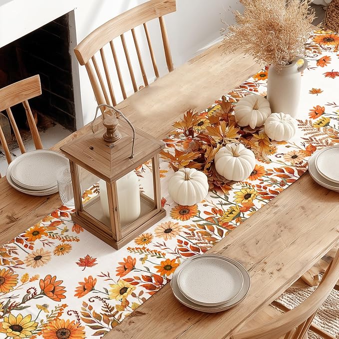 Fall Pumpkins and Sunflowers Table Runner 13x120 Inch, Maple Leaves Farmhouse - Image 9