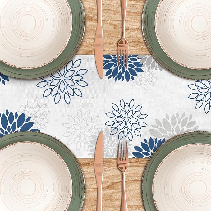 Dahlia Flower Table Runner 13x90 Inch Farmhouse Blue Gray Runners Modern Table - Image 4