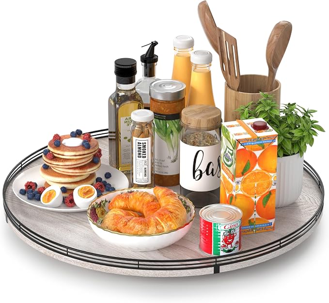 AMH 21-Inch Whitewashed Farmhouse Wooden Lazy Susan Organizer | Smooth rotating by AMH