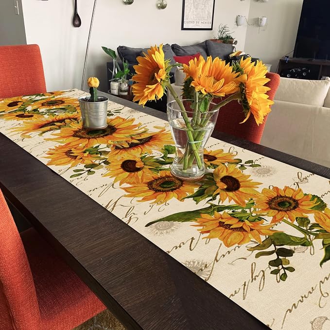 Seliem Fall Sunflowers Table Runner, Vintage Spring Summer Flower Home | - Image 5