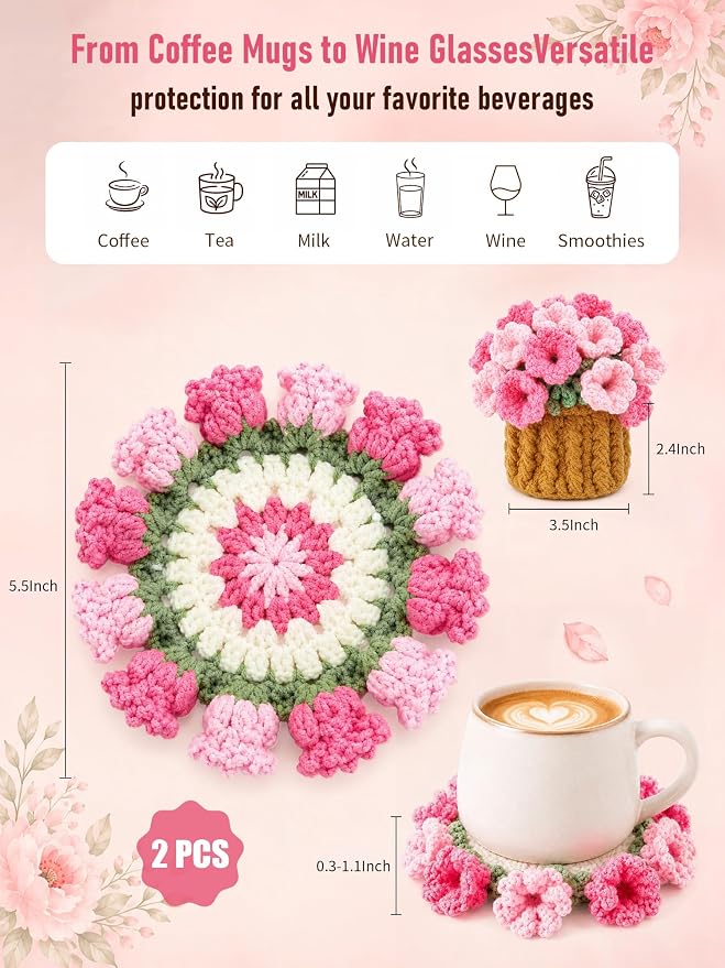 Crochet Flower Bouquet Coasters, Cotton Tulip Gift - Image 2