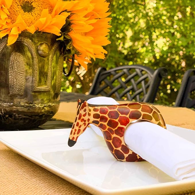KWF012_G - Giraffe Wooden Napkin Rings - Handcarved Mahogany - Image 3