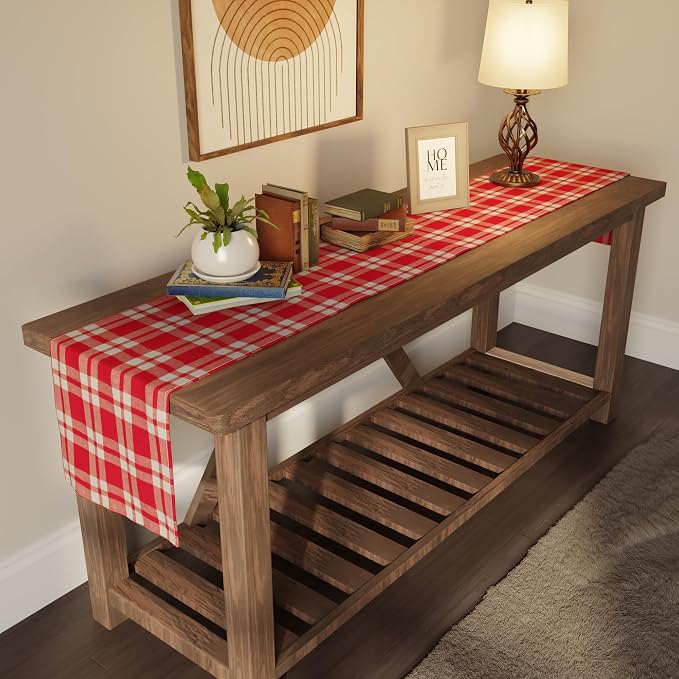Encasa XO Table Runner, Woven Cotton Dining Runner 13"x120" | Franca Red Checks - Image 3